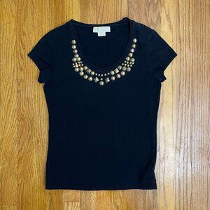 Michael Kors Black Gold Gems Shirt Size Small Women's Stretch Elegant Cap Sleeve